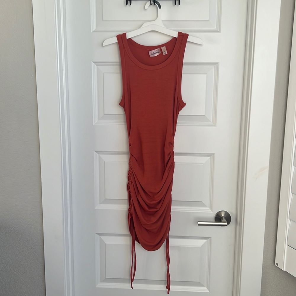 Burnt Orange mini dress, medium, tied at the bottom to make it the right length